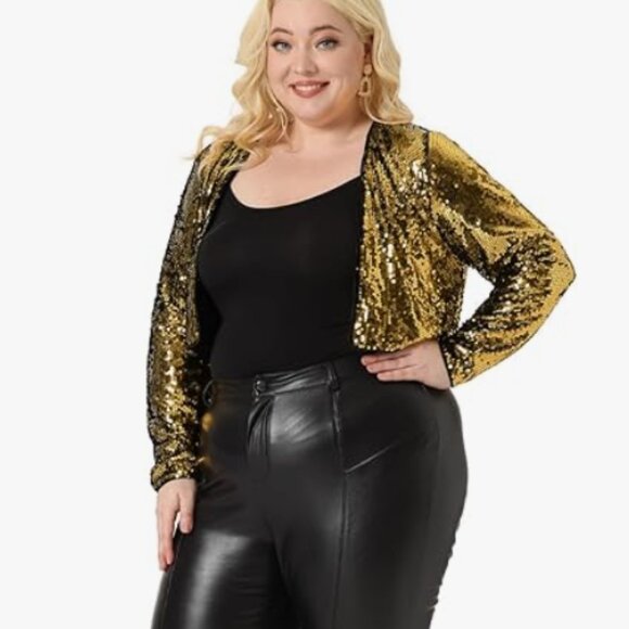 Agnes Orinda Open Front Gold Metallic Sequin Jacket - Plus size 4 - Picture 2 of 9